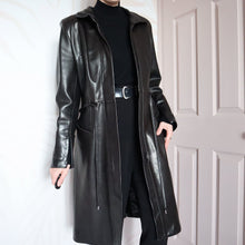 Load image into Gallery viewer, Black real leather long coat with belt UK 12
