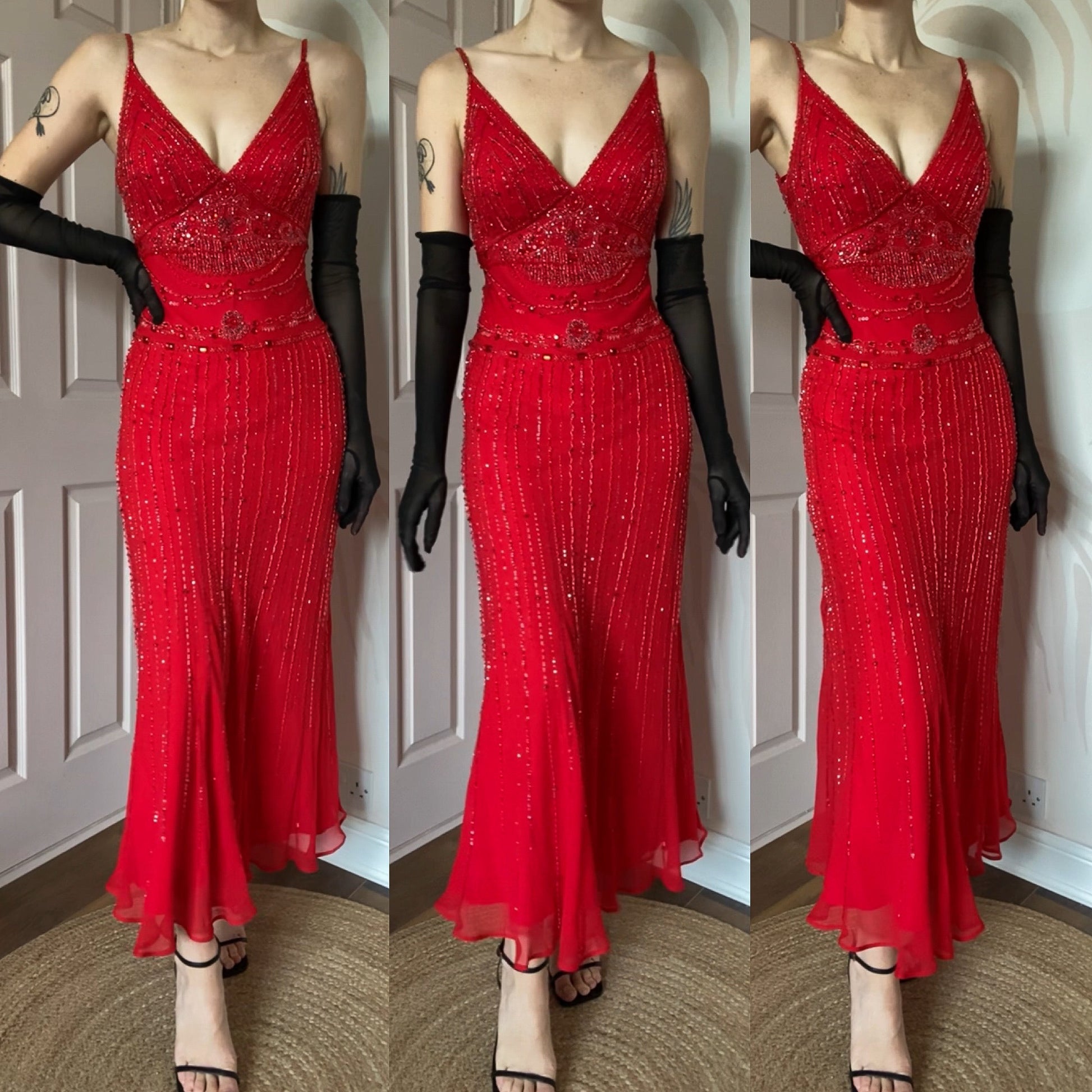 Red Gina Bacconi 100% silk beaded evening dress UK 10-12 Scum Vintage Red Gina Bacconi 100% silk beaded evening dress UK 10-12 Scum Vintage