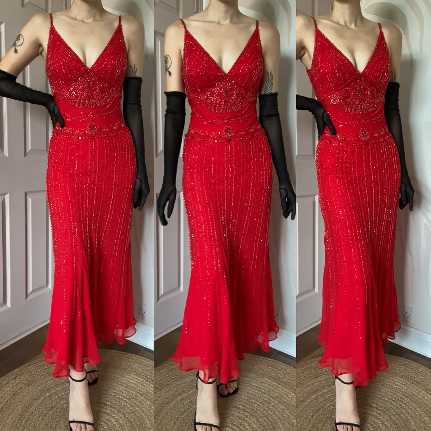 Red Gina Bacconi 100% silk beaded evening dress UK 10-12