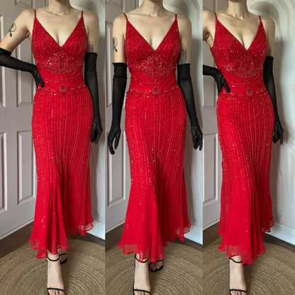 Red Gina Bacconi 100% silk beaded evening dress UK 10-12
