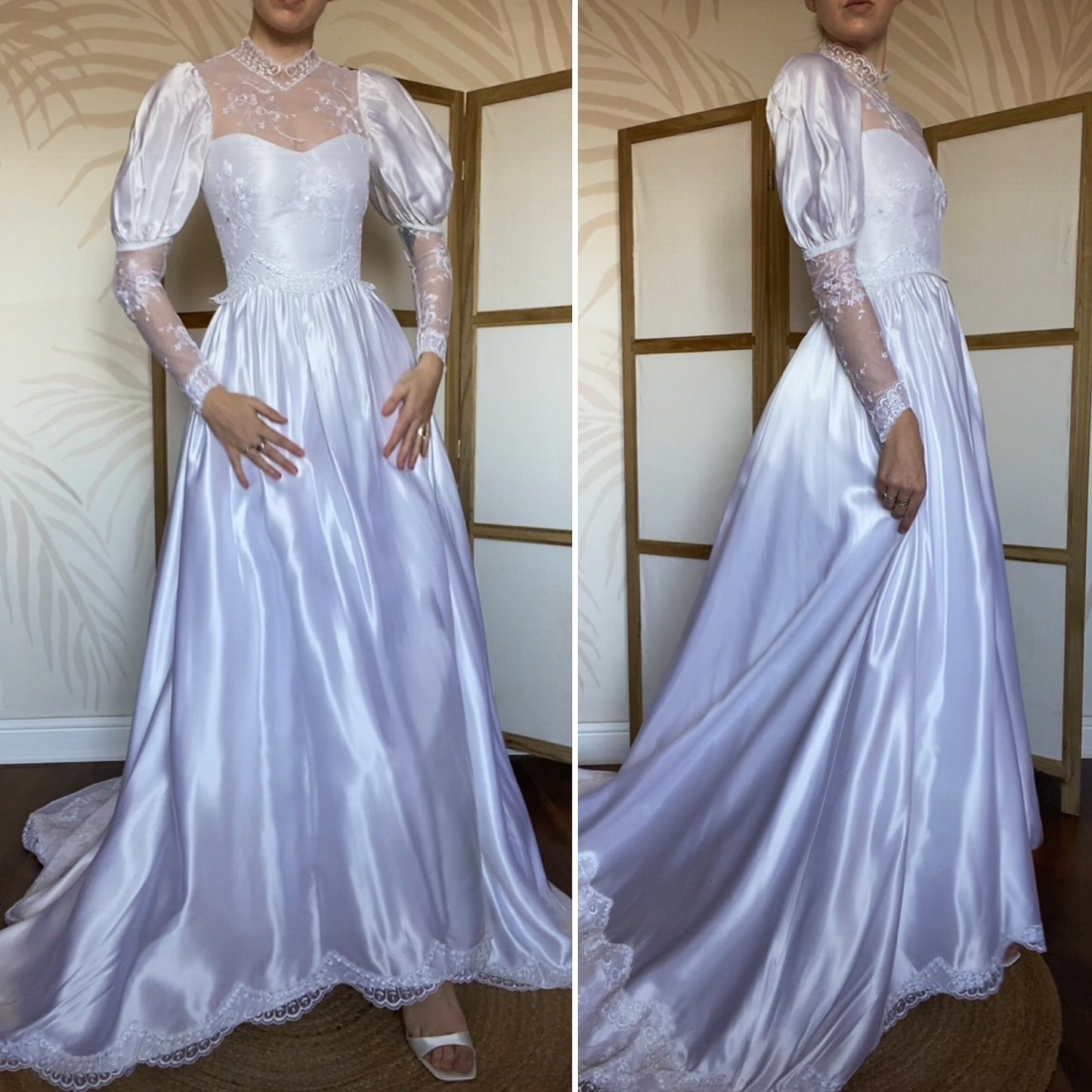 White satin & lace 80s wedding dress UK 6-8/XS