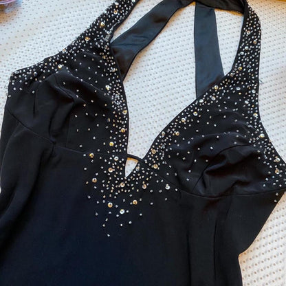 Black stretch 90s beaded evening gown UK 12