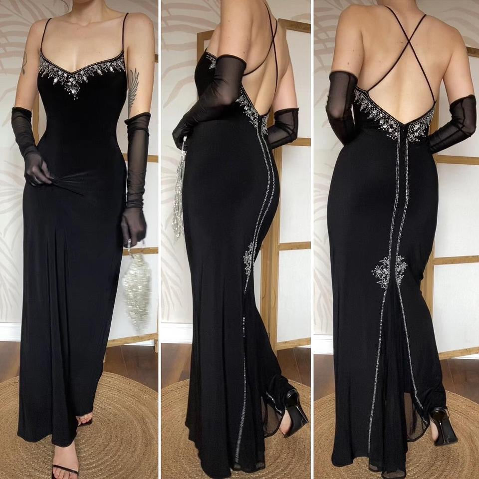 Black stretchy beaded & gem evening dress uk 12