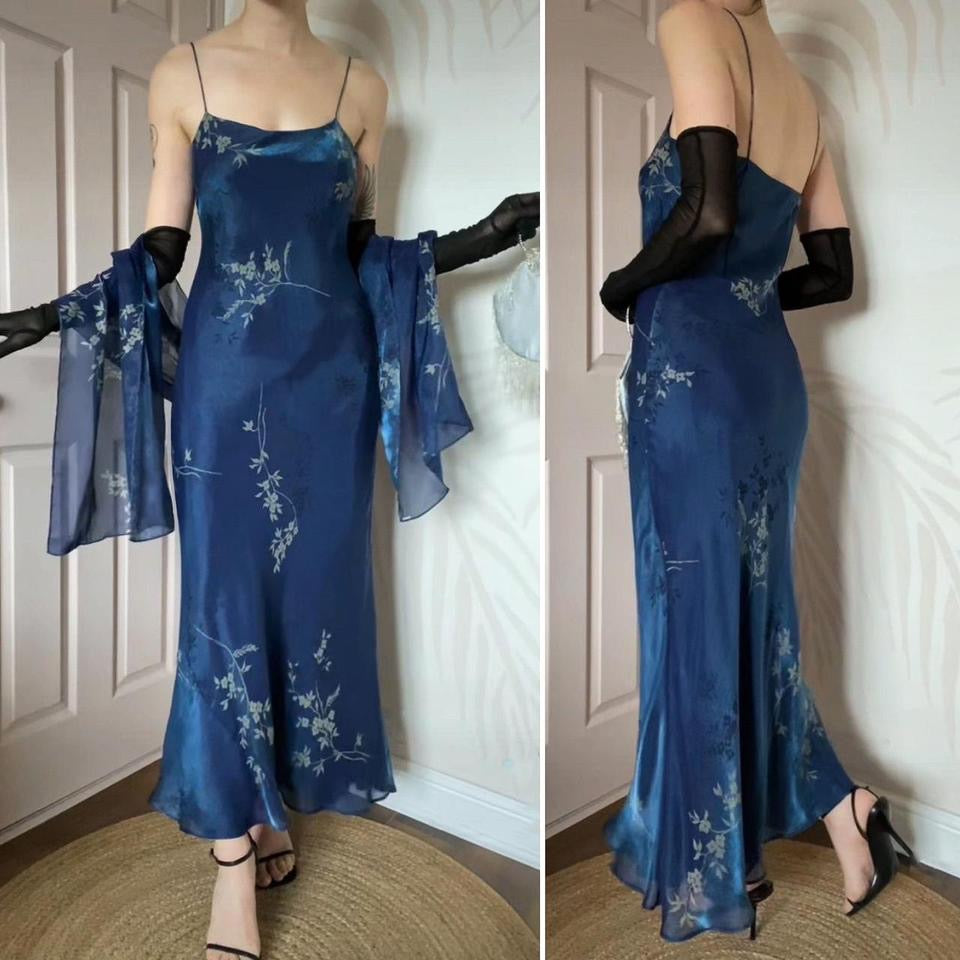 Debut silky blue floral slip dress & shawl UK 10-12
