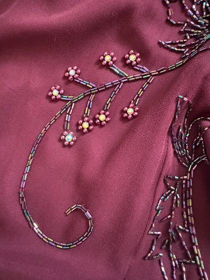 Yve London 100% silk burgundy beaded evening dress uk 10