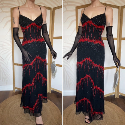 Black & red 100% silk beaded evening dress UK 14