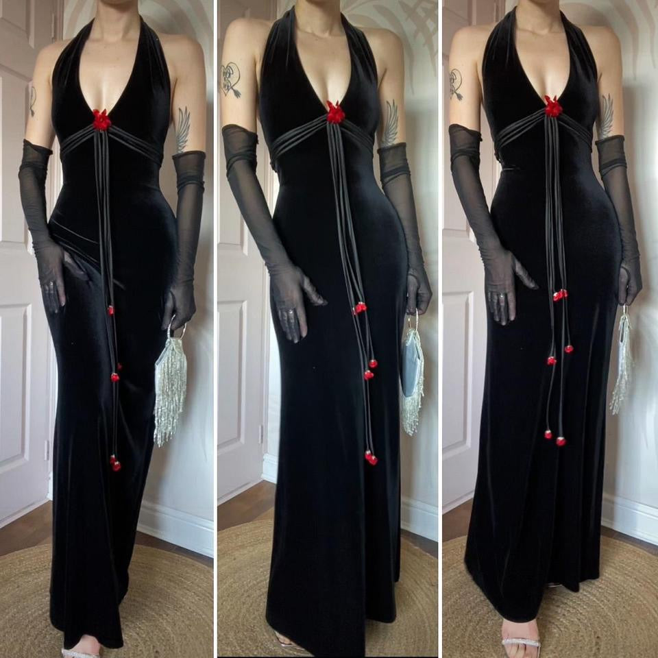 Betsy & Adam black velvet halter-neck evening dress UK 12