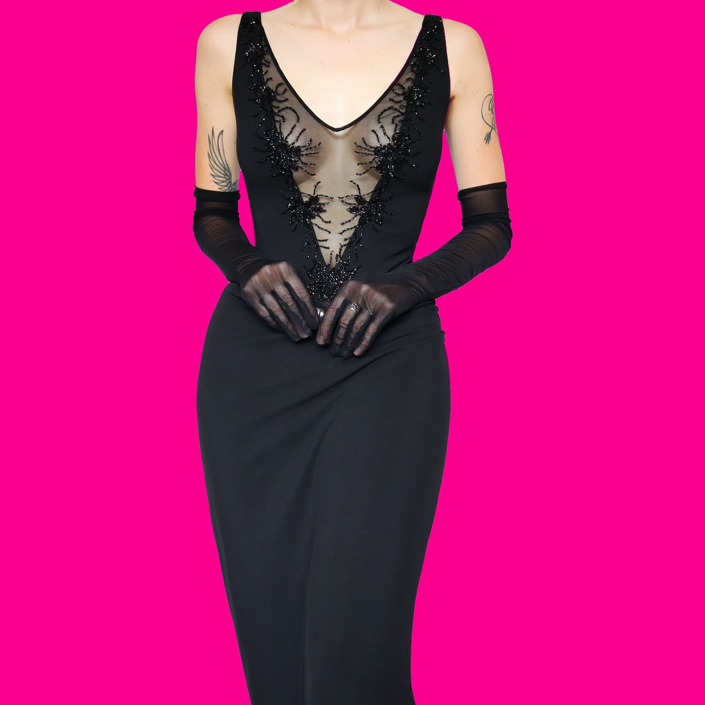 Black stretch low cut beaded evening dress UK 12