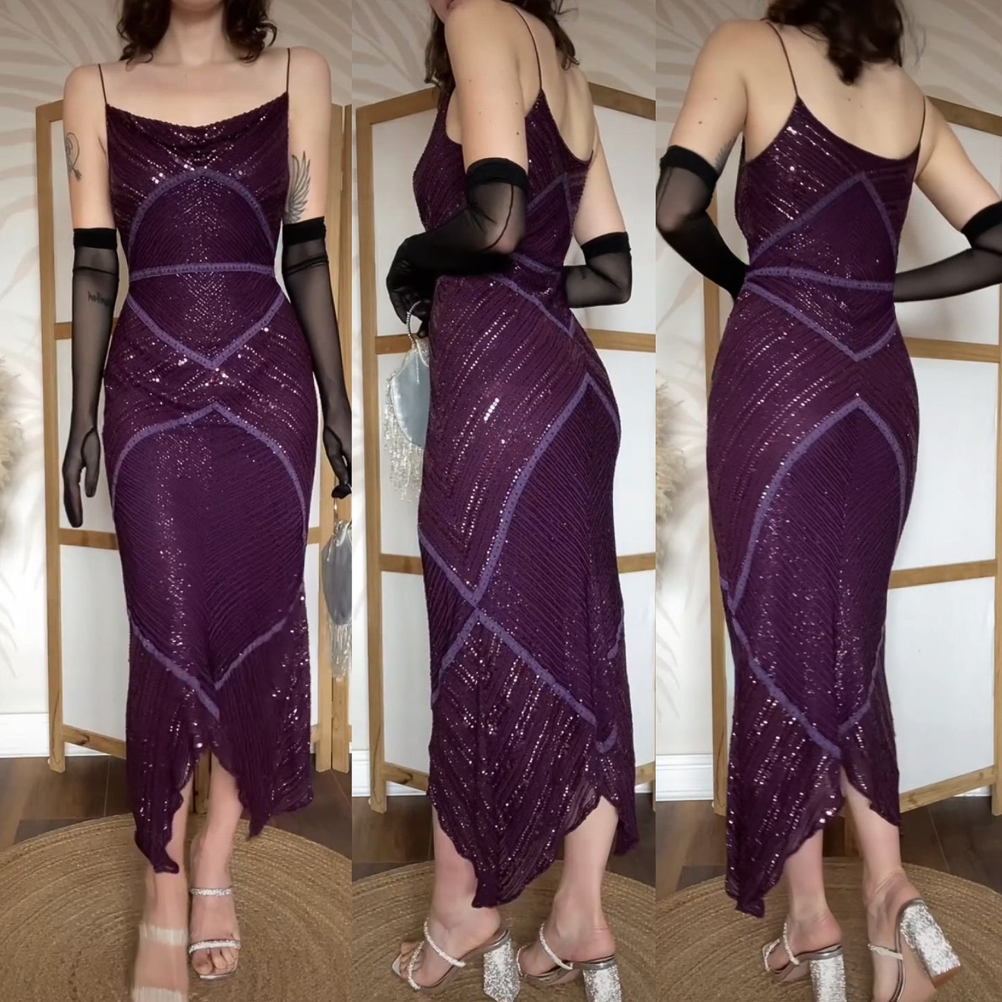Purple 100% silk beaded evening gown uk 10-12
