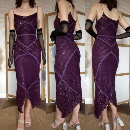 Purple 100% silk beaded evening gown uk 10-12