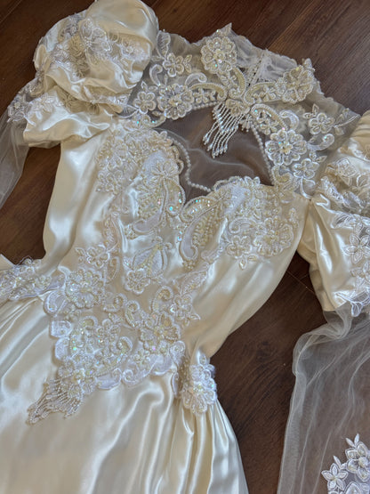 Vintage ivory satin 80s wedding dress uk 8