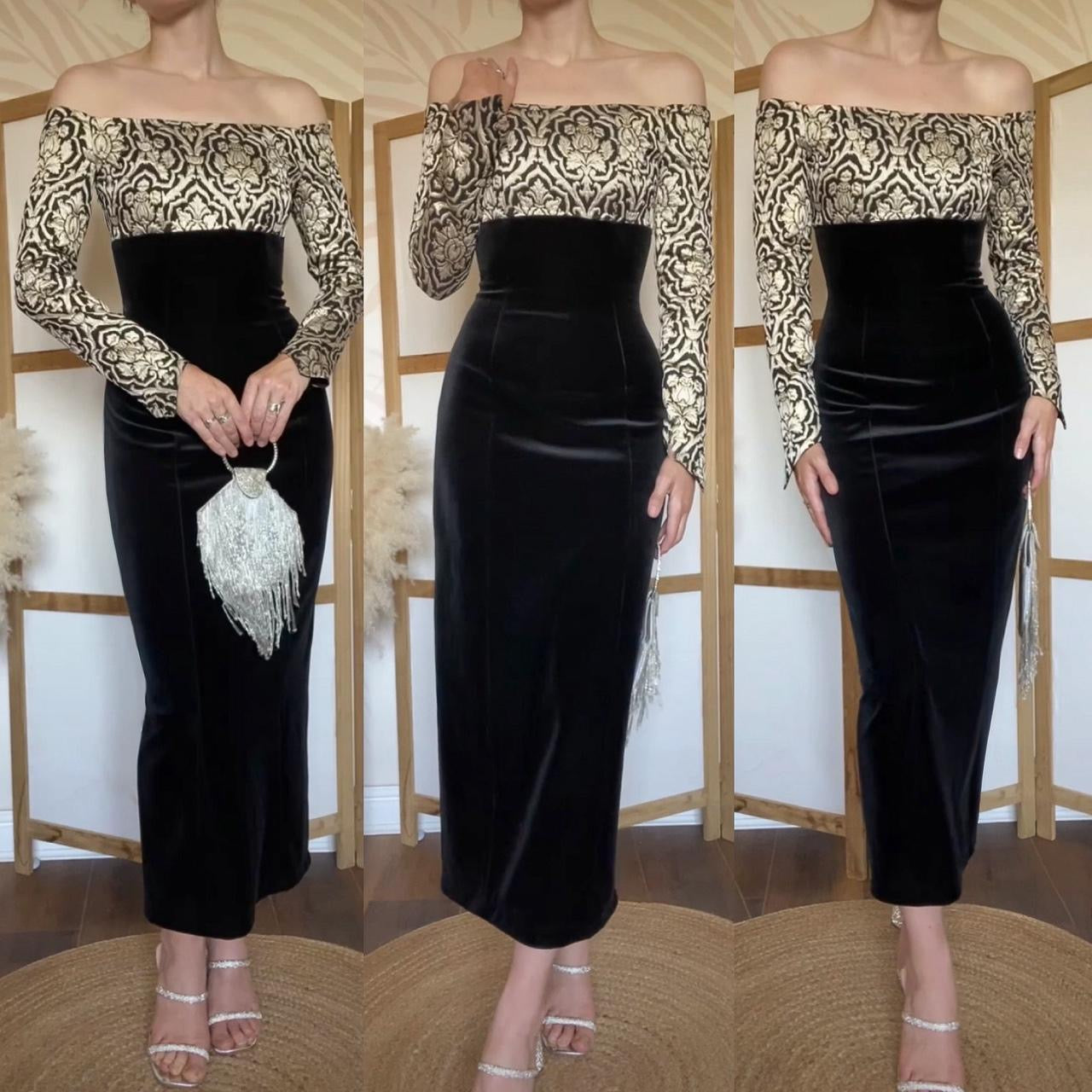 Black & gold Consortium off shoulder evening dress uk 10