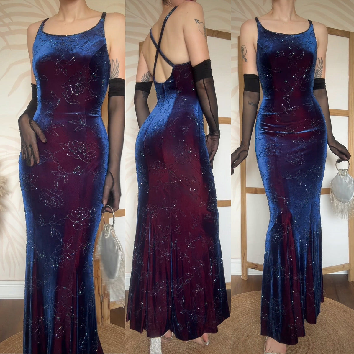 Iridescent beaded velvet evening dress uk 8