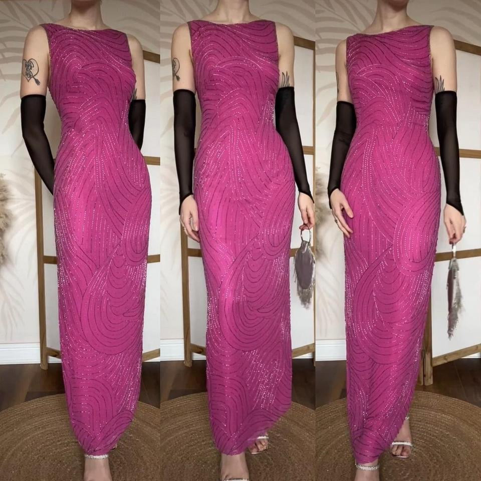 Fuchsia pink silk beaded evening dress UK 14