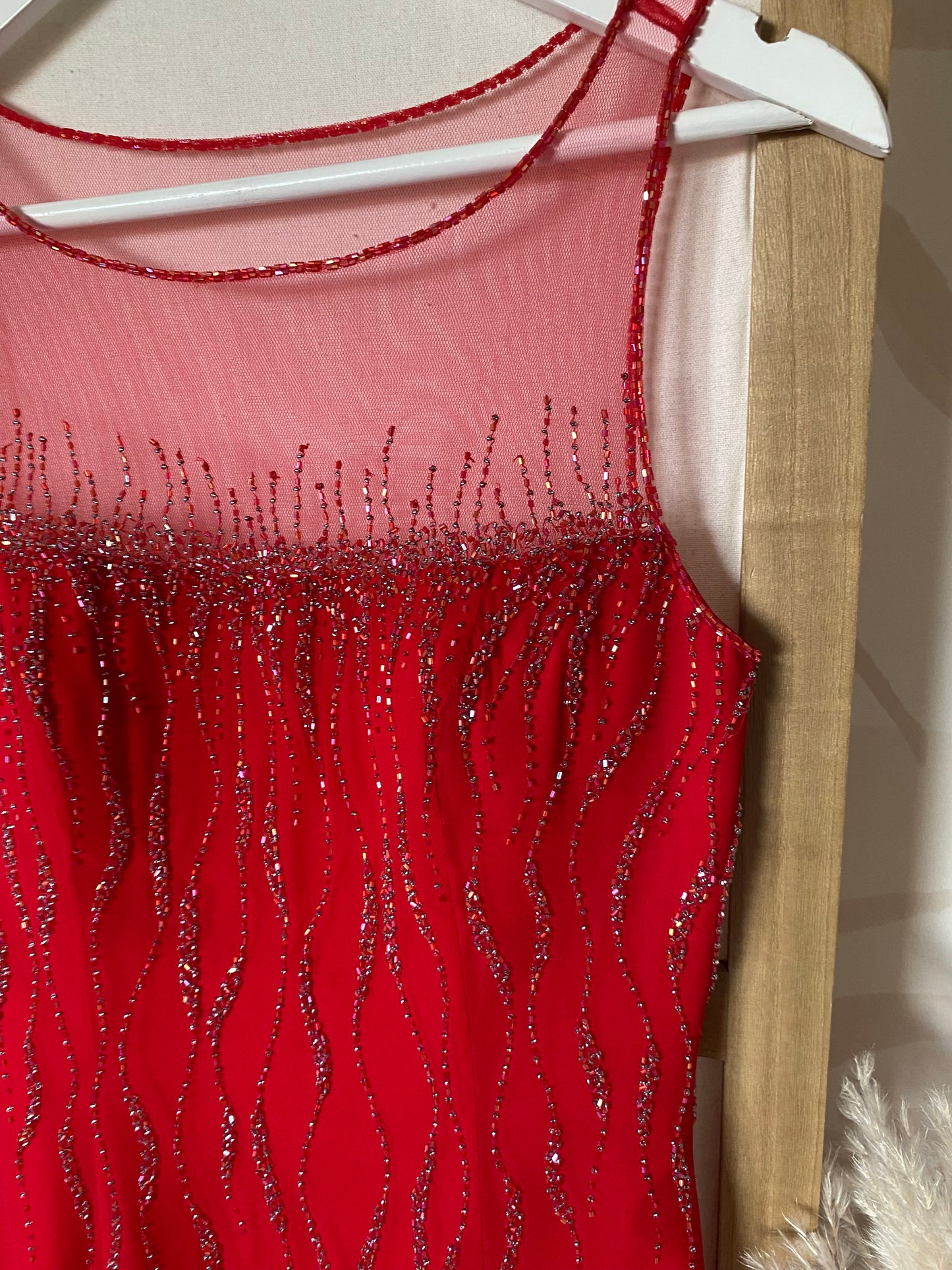 Red 100% silk red beaded evening dress uk 10