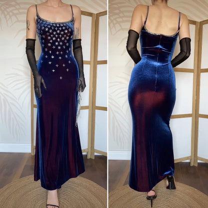 Frank Usher blue velvet stretch beaded evening dress UK 12