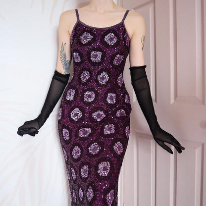 Purple Aftershock sequin 100% silk evening gown & shawl UK 10