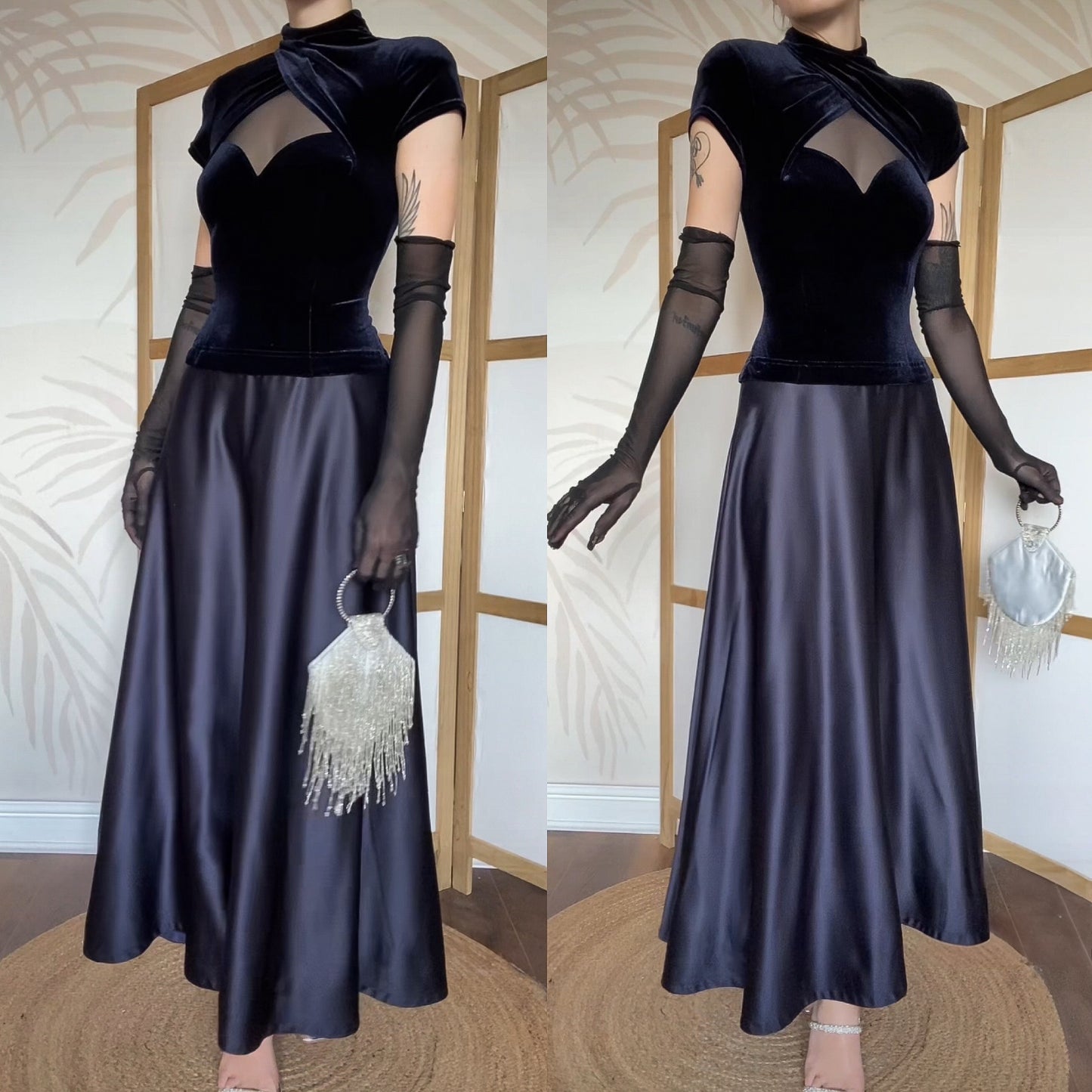 Tadashi navy high neck a-line evening dress uk 10