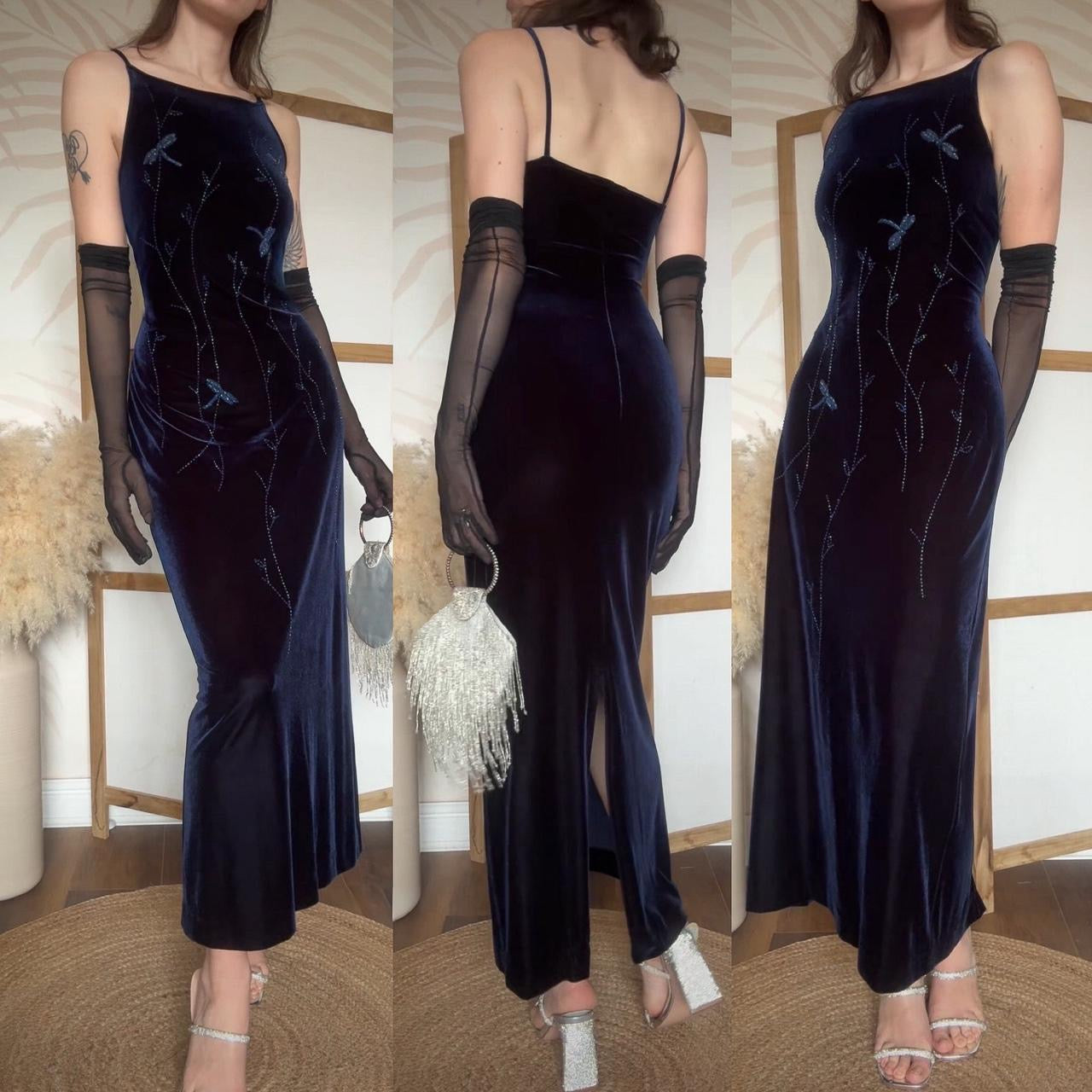 90s navy velvet stretch bodycon dress uk 12