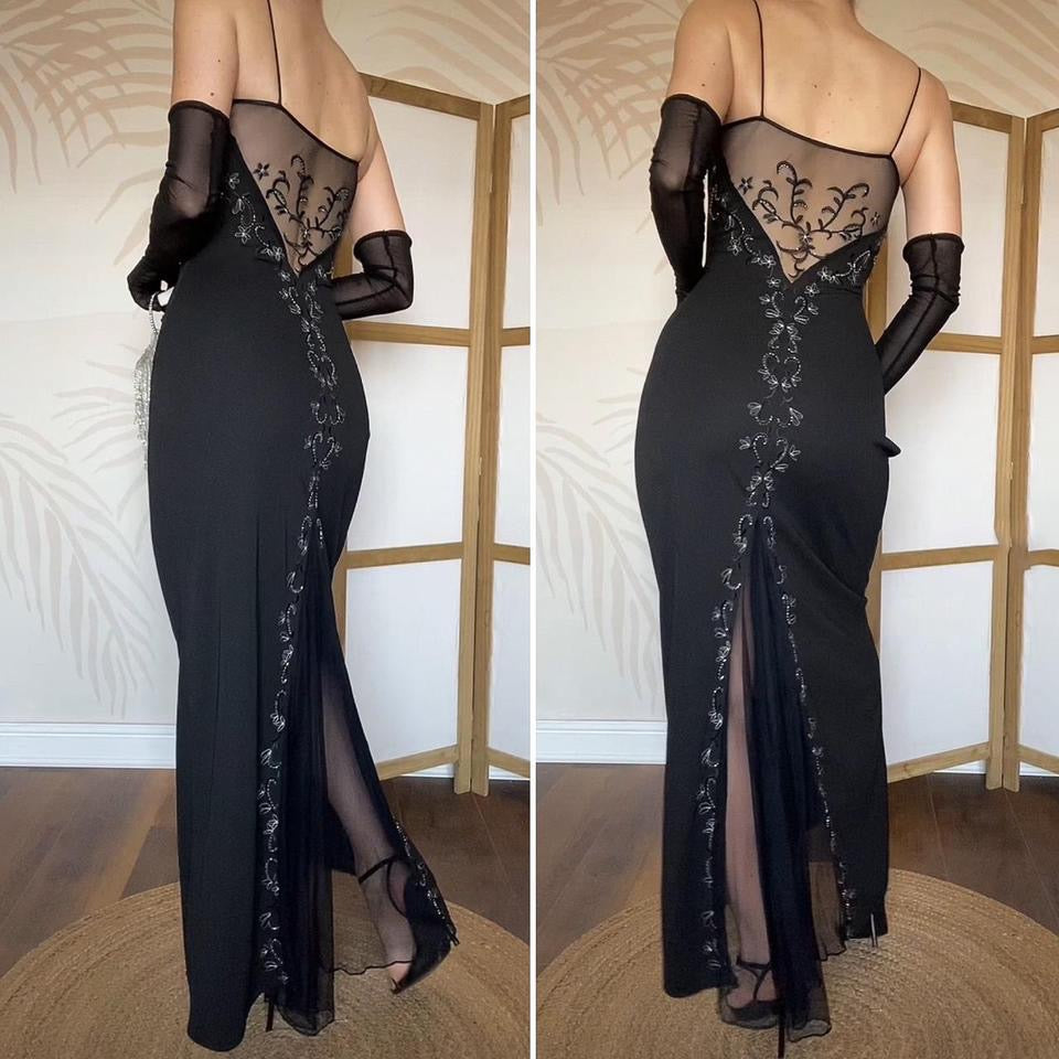 Black Vintage Dave & Johnny Floral embroidered Gown UK 12