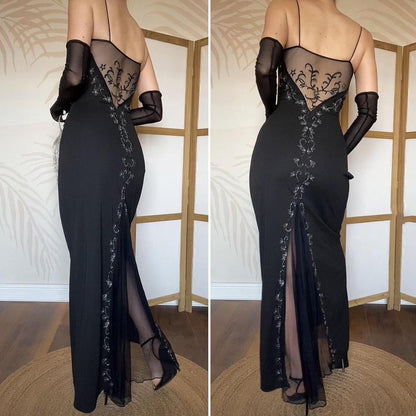 Black Vintage Dave & Johnny Floral embroidered Gown UK 12