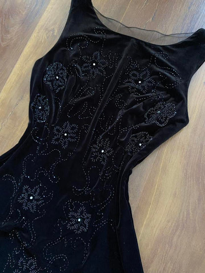 Black velvet stretch beaded low back evening dress uk 12-14