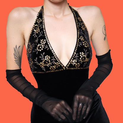Black velvet halter neck evening dress UK 10