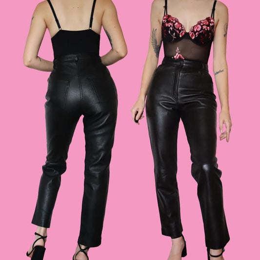 100% real leather black high waisted trousers UK 8