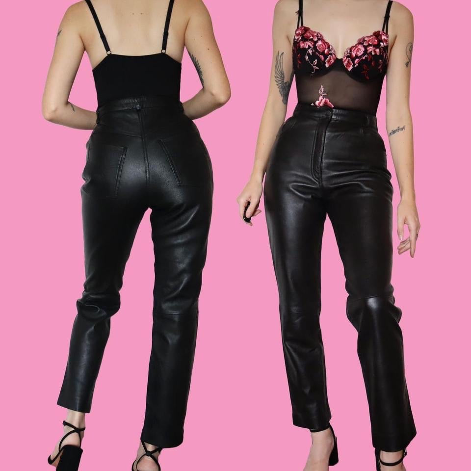 100% real leather black high waisted trousers UK 8