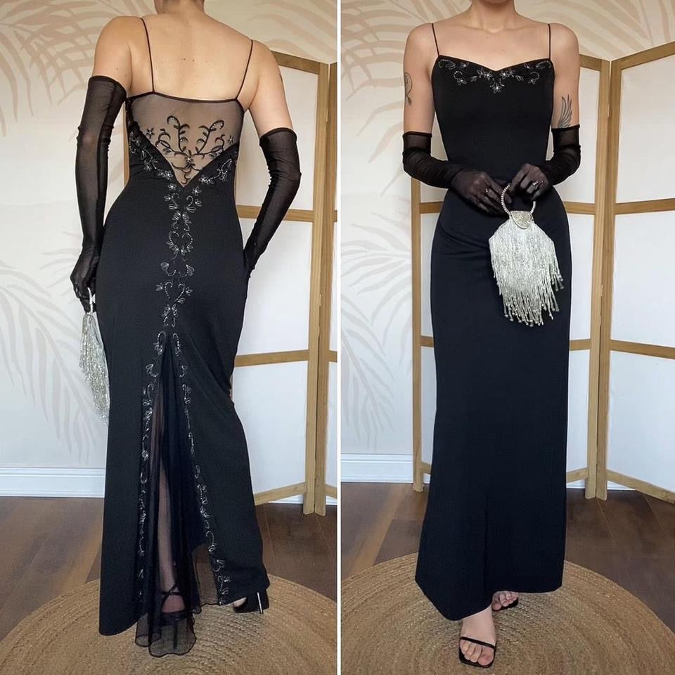 Black Vintage Dave & Johnny Floral embroidered Gown UK 12