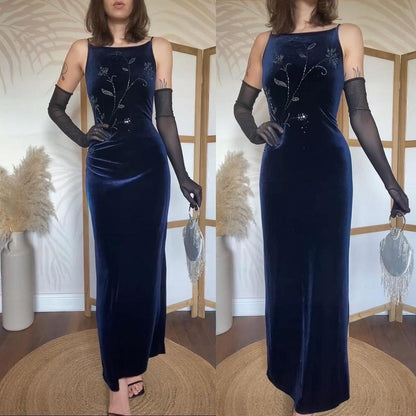 Navy velvet 90s stretch evening dress uk 12
