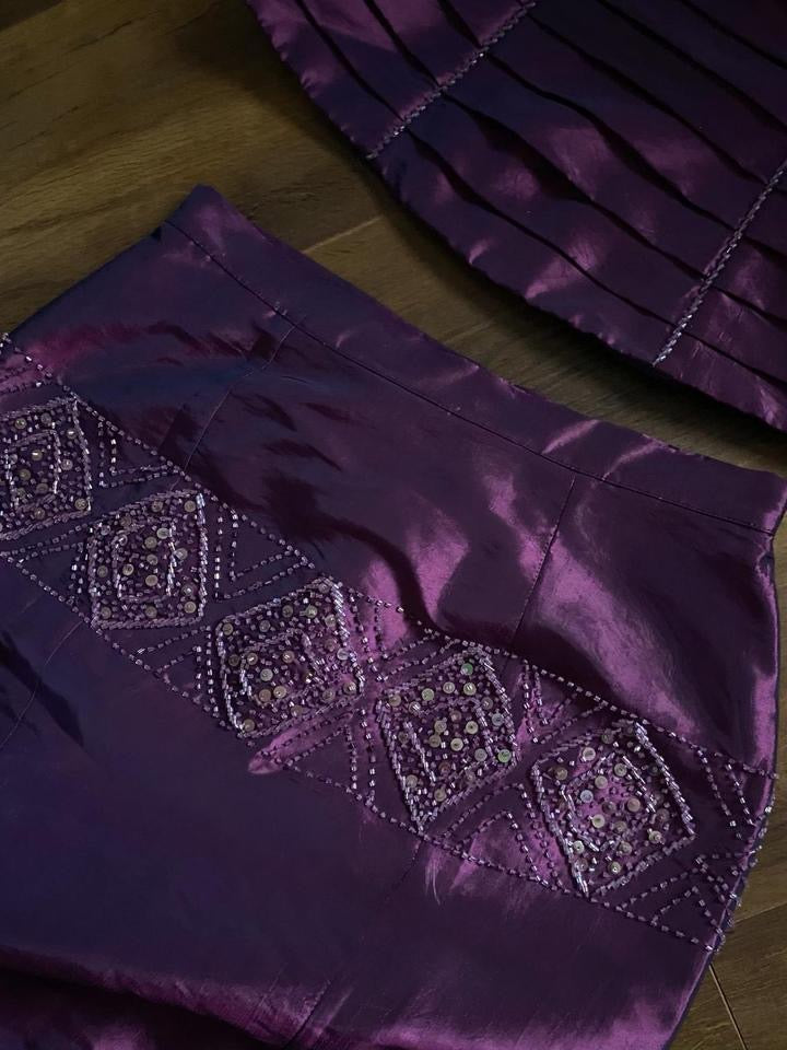 Dynasty taffeta purple 2-piece skirt & top prom set uk 10