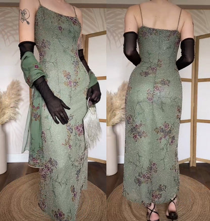 Mon Cheri green silk beaded dress & shawl uk 12