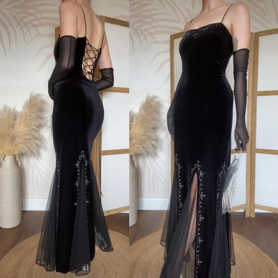 Black velvet 90s lace back evening dress uk 8-10