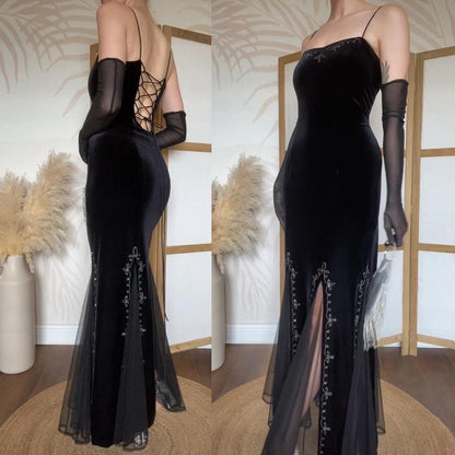 Black velvet 90s lace back evening dress uk 8-10