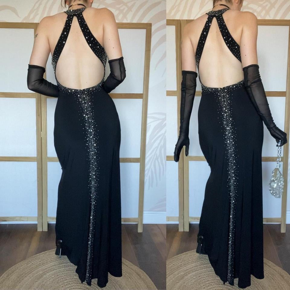 Black stretch 90s beaded evening gown UK 12