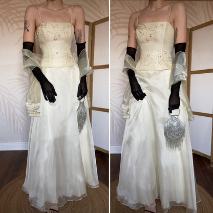 Niki Livas pale yellow organza prom dress & shawl UK 12