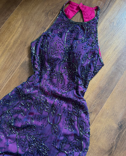 Purple 100% silk beaded evening dress uk 6