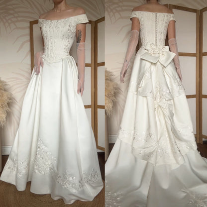Ivory off shoulder fit & flare wedding dress uk 12