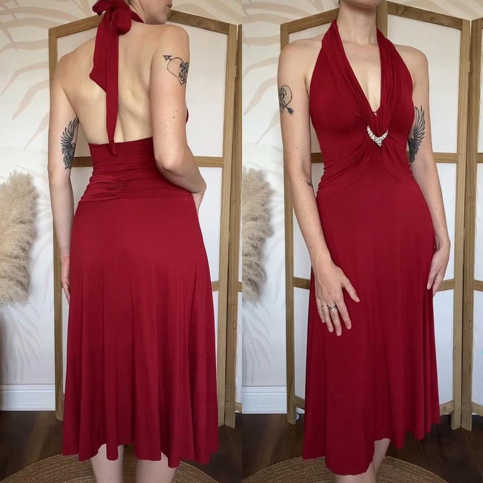 Red stretch halter neck midi dress uk 12
