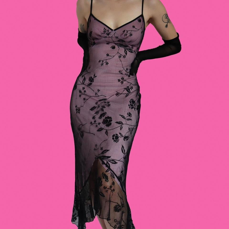 Pink & black lace Etam midi dress UK 14