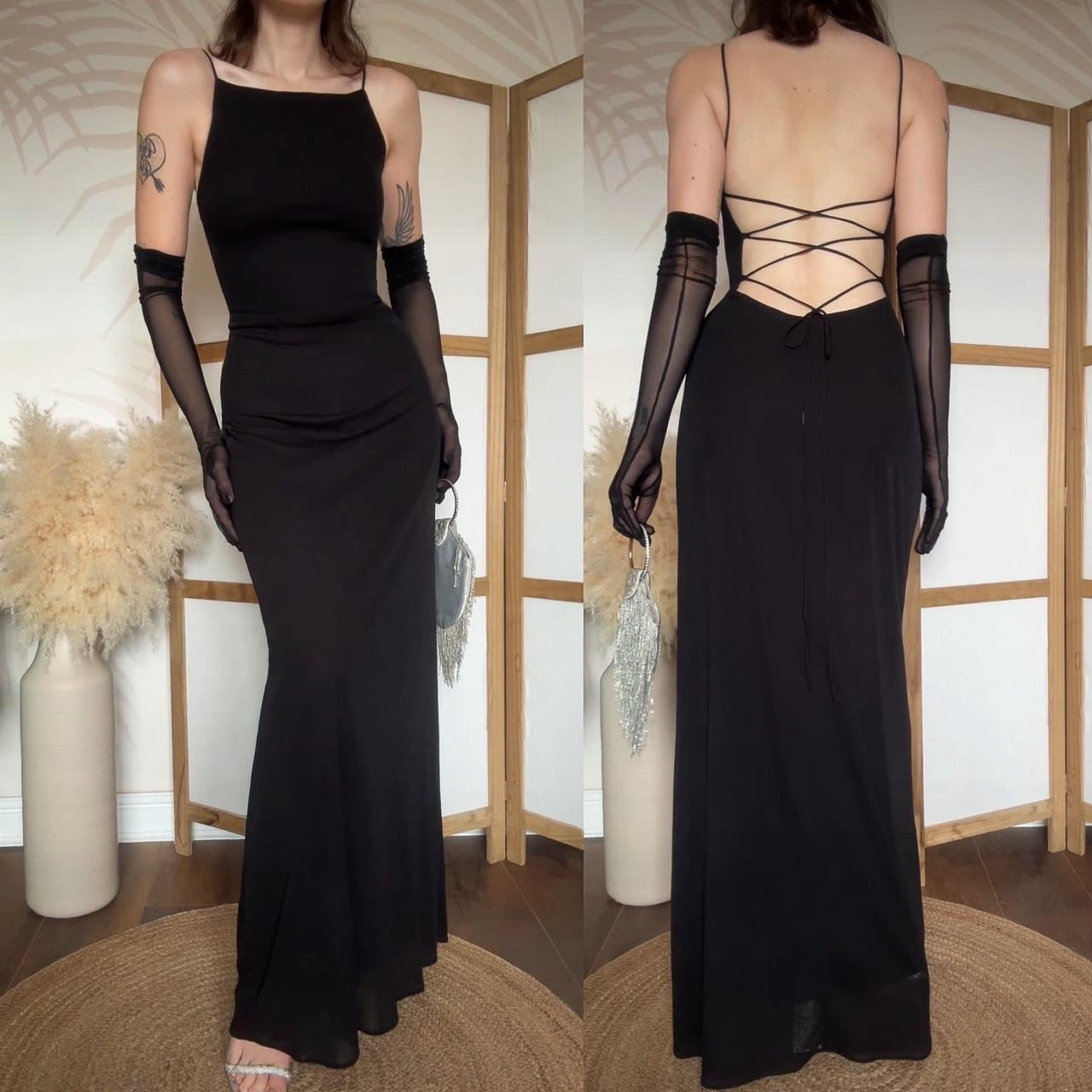 Black stretch 90s lace back evening dress uk 12