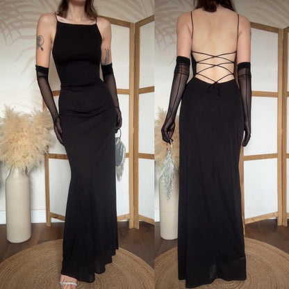 Black stretch 90s lace back evening dress uk 12