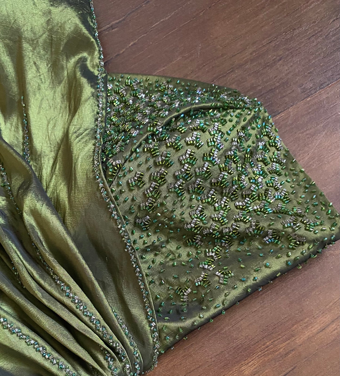 Olive green strapless beaded prom dress & shawl uk 14