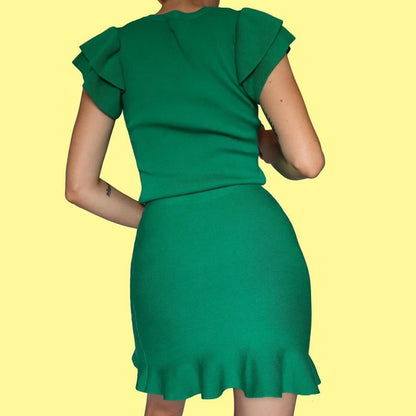 Green knit 2 piece top & skirt set UK S