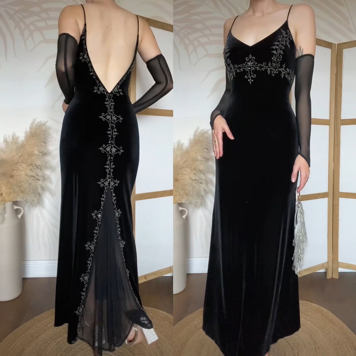 Black velvet beaded stretch evening dress uk 12-14