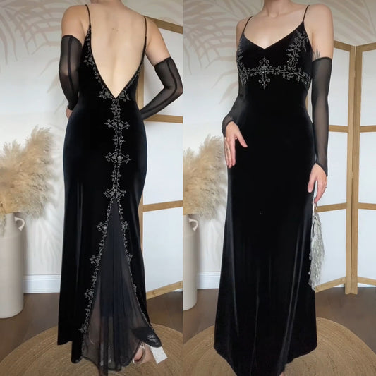 Black velvet beaded stretch evening dress uk 12-14