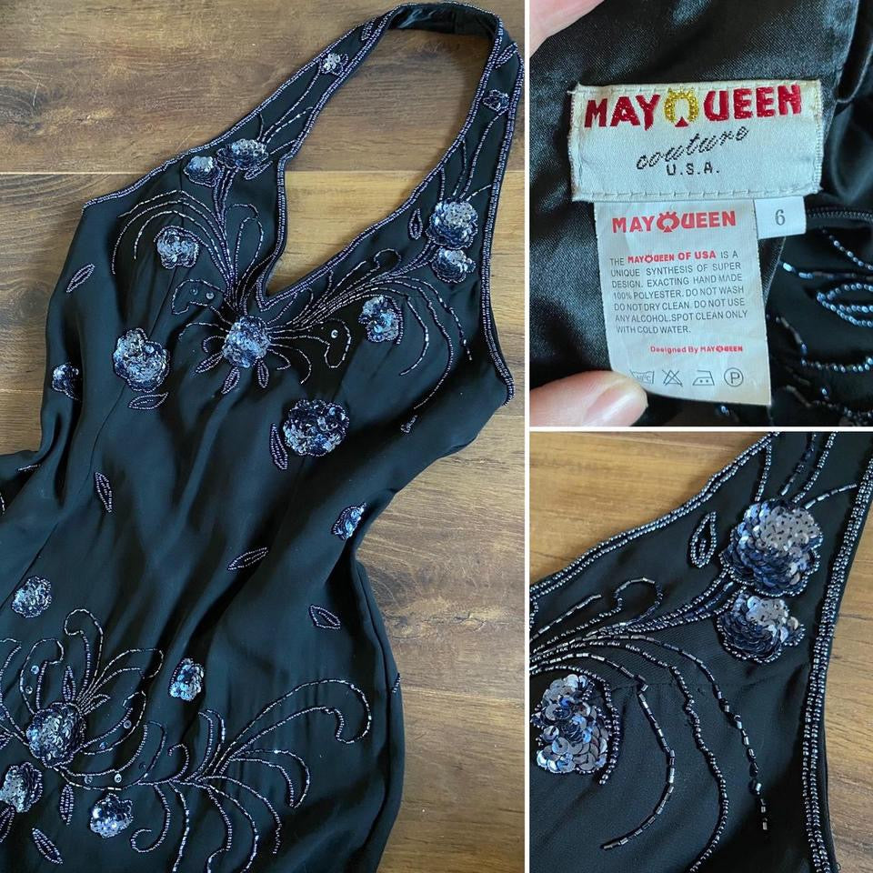 May Queen black beaded halter-neck evening dress uk 10