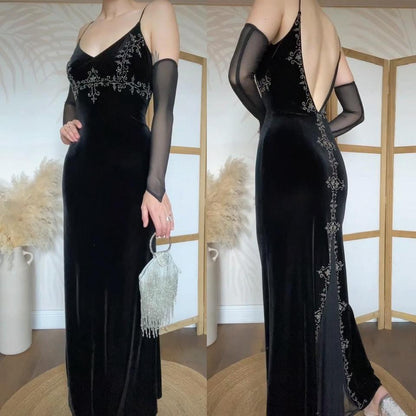 Dave & Johnny black velvet beaded 90s dress uk 10