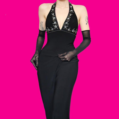Black stretch beaded halter neck evening dress UK 12